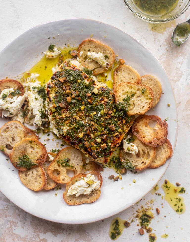 Grilled Feta with Chimichurri and Pistachios